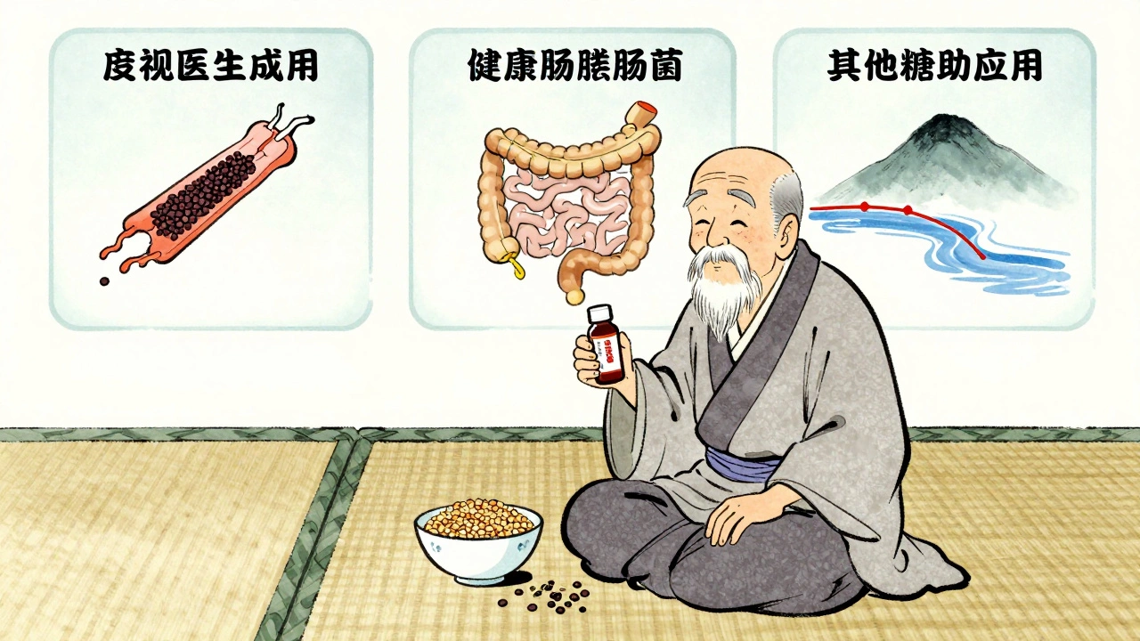 Elderly patient with medication and healthy foods, showing three stages of gut adaptation in background panels.