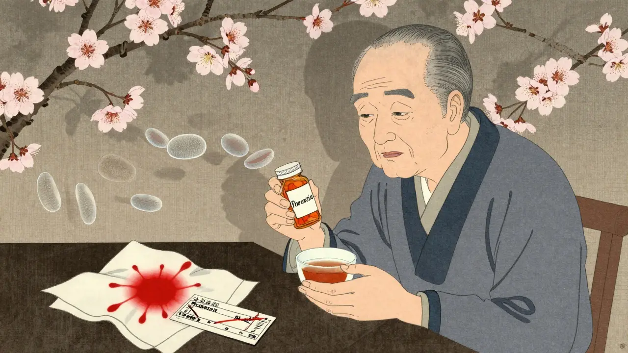 Elderly person with paroxetine pill and bleeding signs, surrounded by cherry blossoms in traditional Japanese art style.