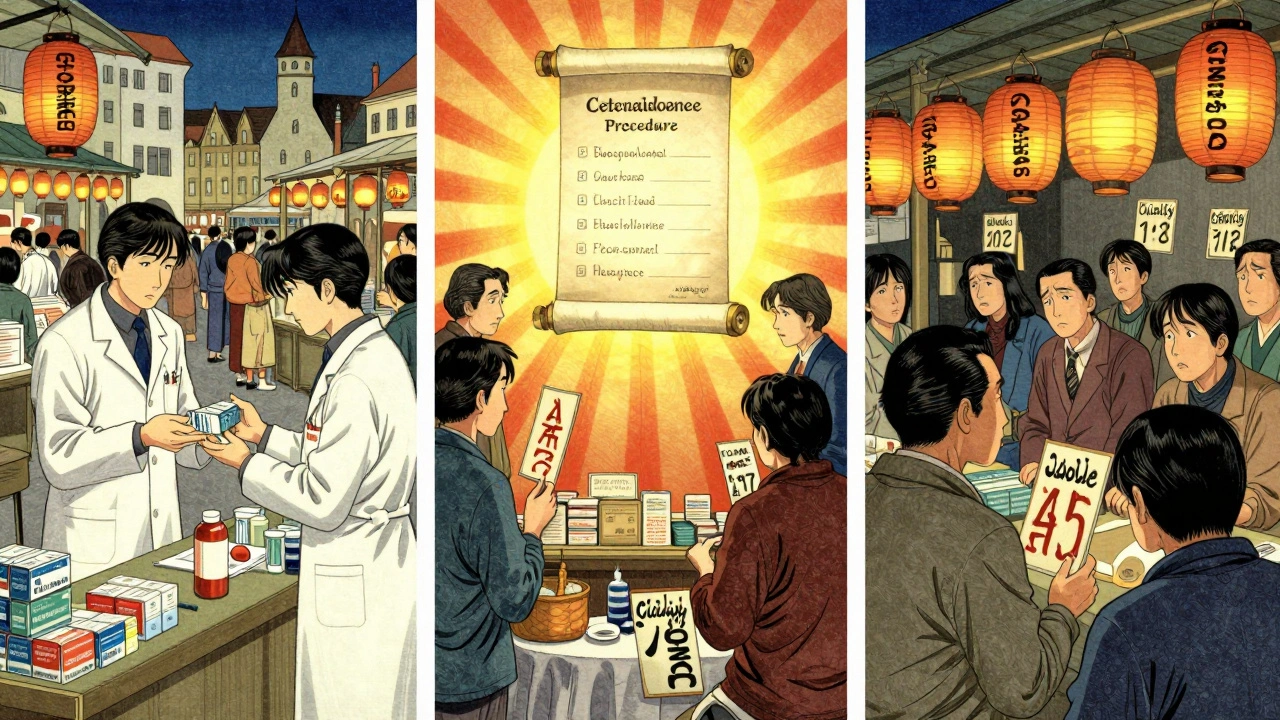 European pharmacy marketplace divided into three regions with price tags, scrolls, and lanterns labeled bioequivalence.