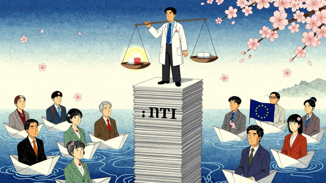 FDA inspector balancing a quality scale atop rejected applications, global regulators watching from paper boats.