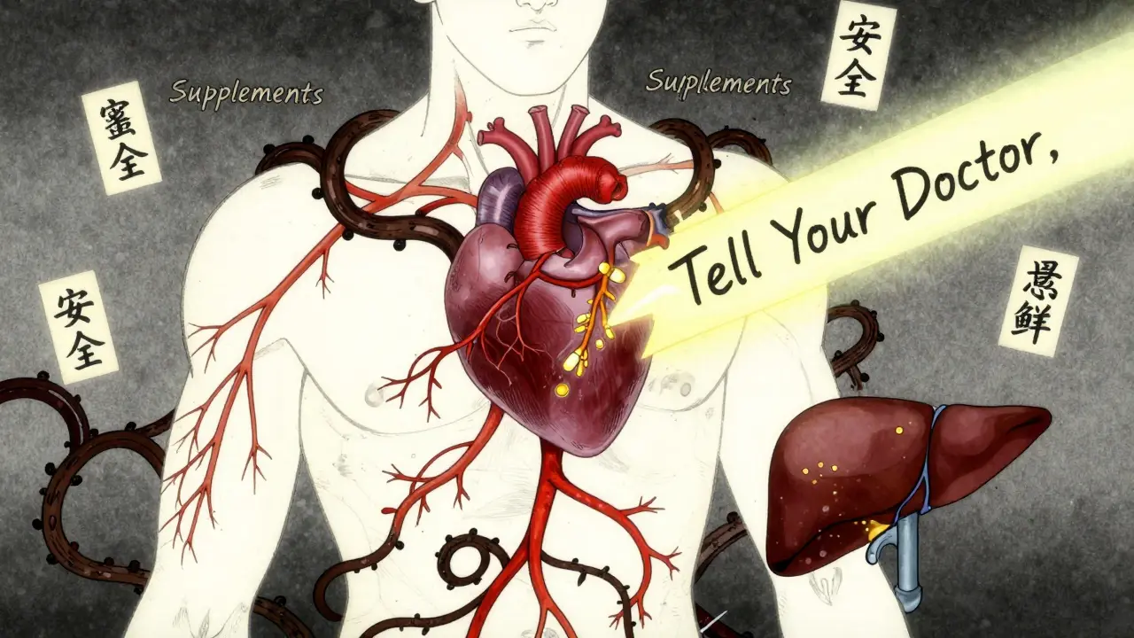 Human body with medication pathways tangled by herbal vines, illuminated by a message to tell your doctor.