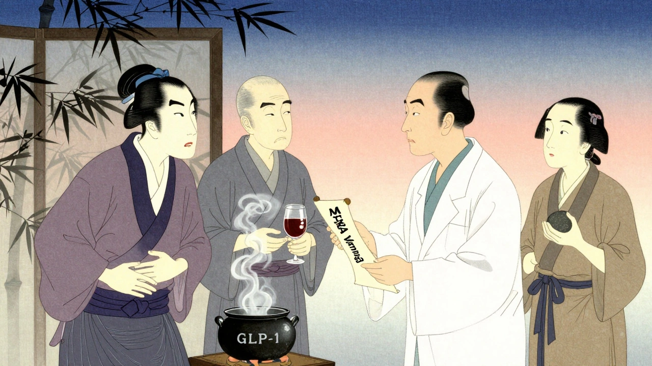Japanese doctor warning three patients about DPP-4 inhibitor risks with symbolic elements in traditional art style.