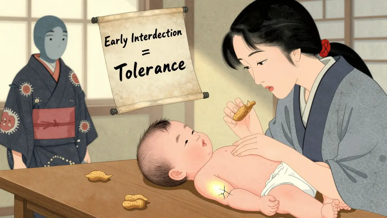 Mother feeding infant peanut puff at a wooden table, cracked skin glowing faintly, protective figures in kimono nearby.