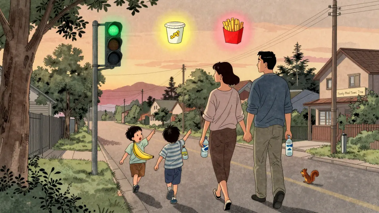 Parents and children walk home at sunset with a floating stoplight symbol above them, representing healthy food choices in an artistic landscape.