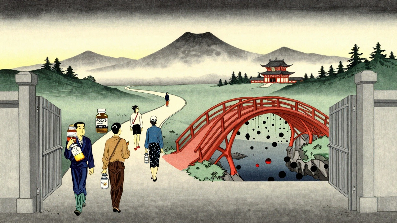 Path to temple with figures carrying different medications, arterial bridge over bleeding ink-blots, misty mountains in background.