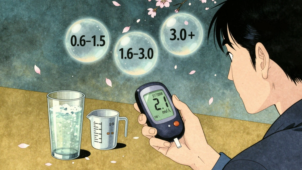 Person checking blood ketones with warning levels floating above, sugar-free drink nearby.