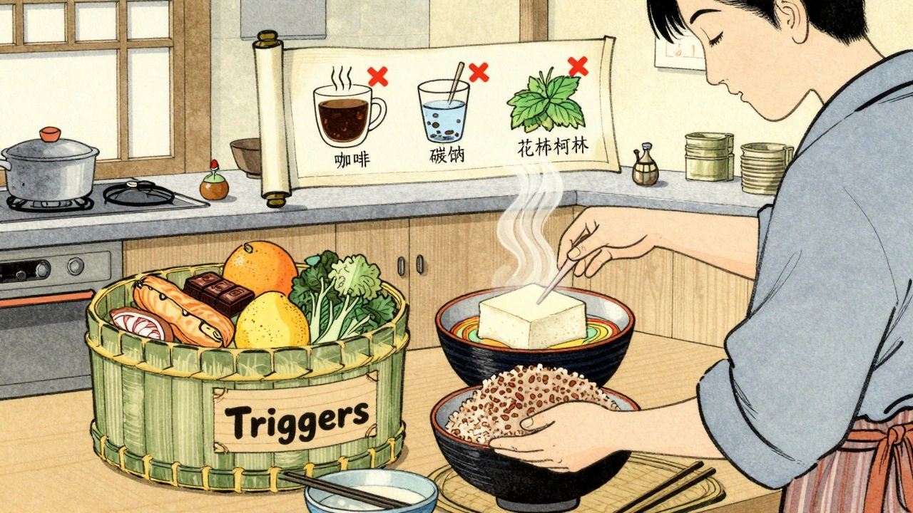 Person preparing healthy meal while discarding GERD trigger foods in bamboo bin.