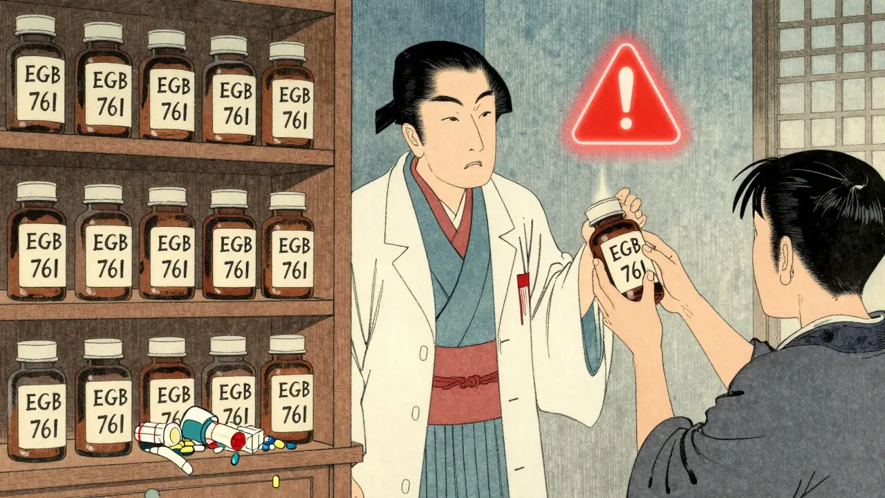 Pharmacist between organized and chaotic supplement shelves, glowing red warning symbol above a reaching hand.