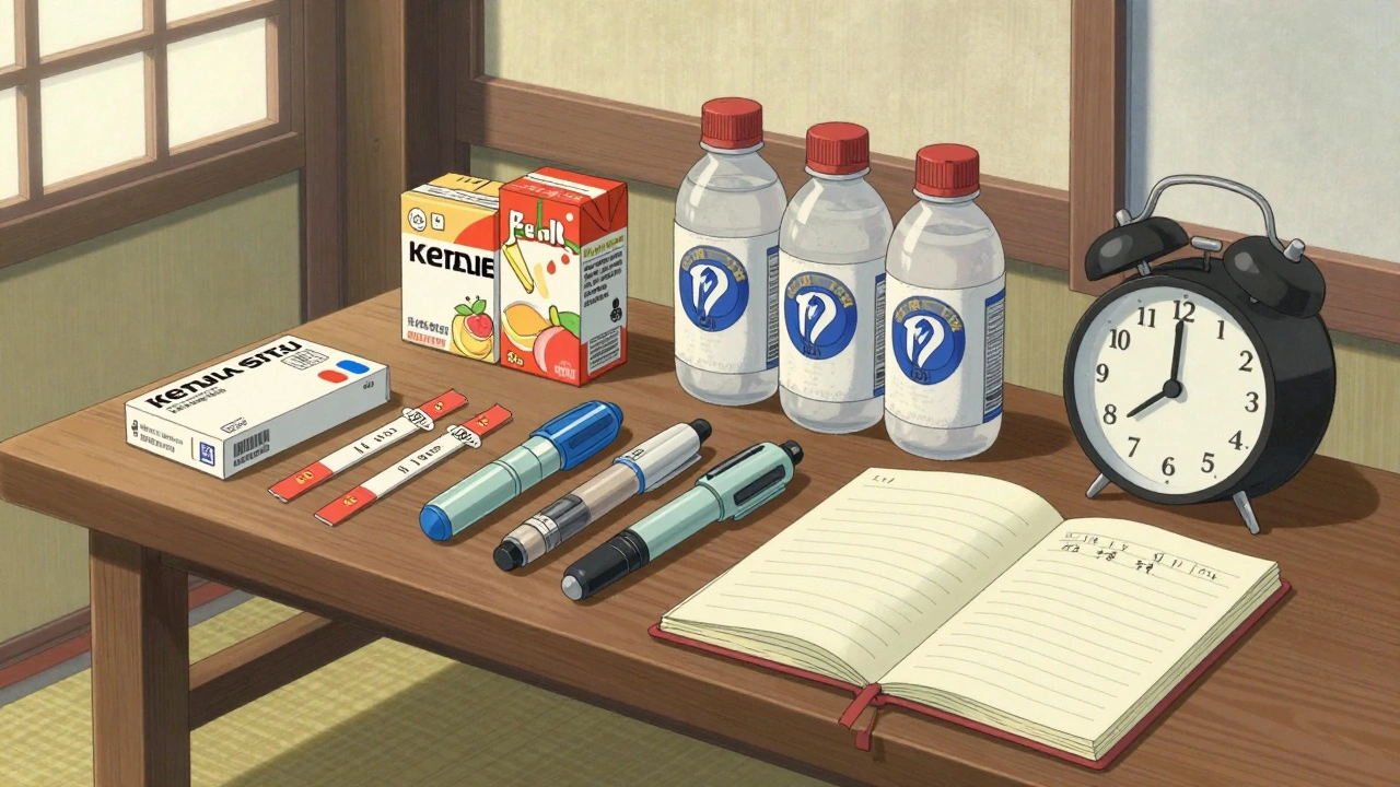 Sick-day kit arranged like a shrine with ketone strips, insulin, fluids, and notebook.