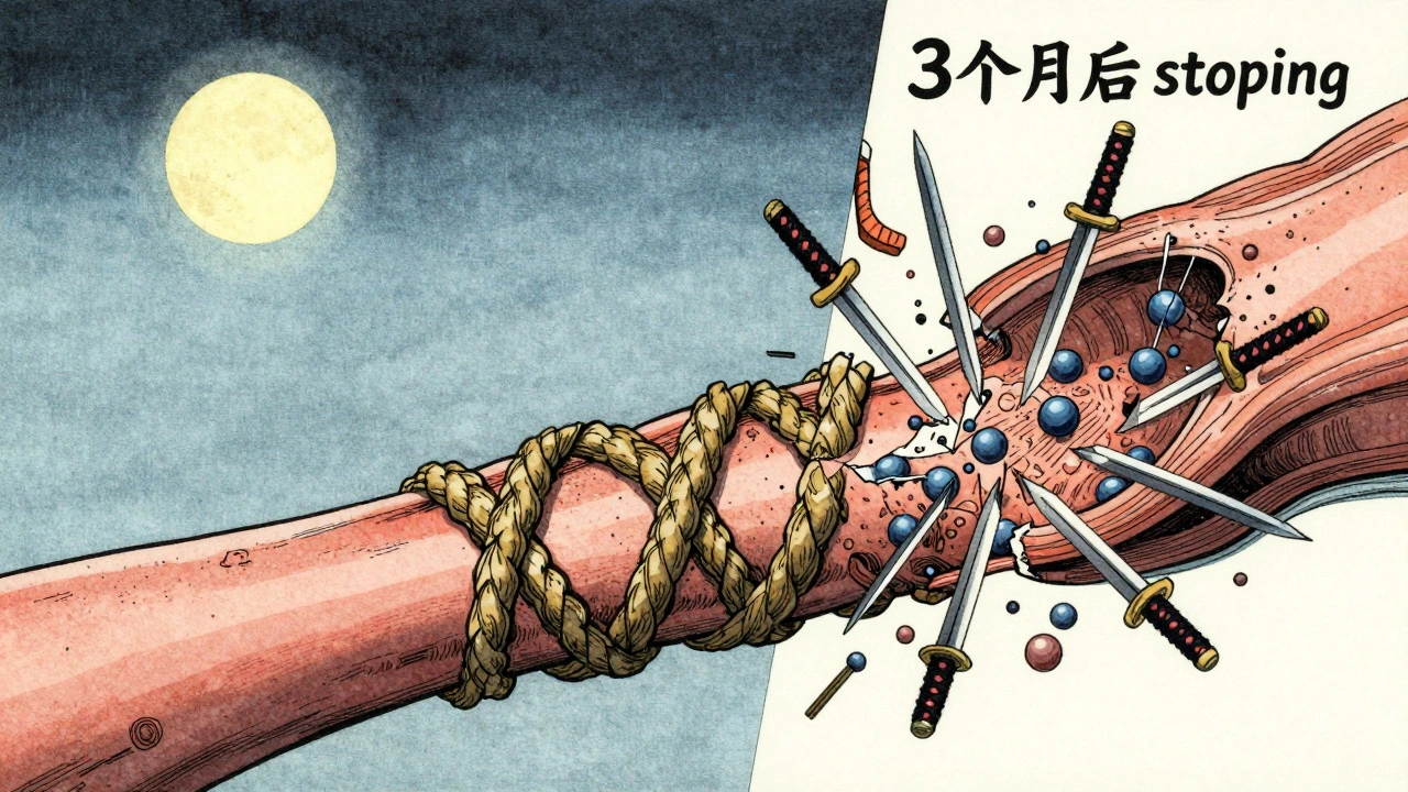 Split-screen: healthy tendon vs. shattered tendon pierced by antibiotic molecules.