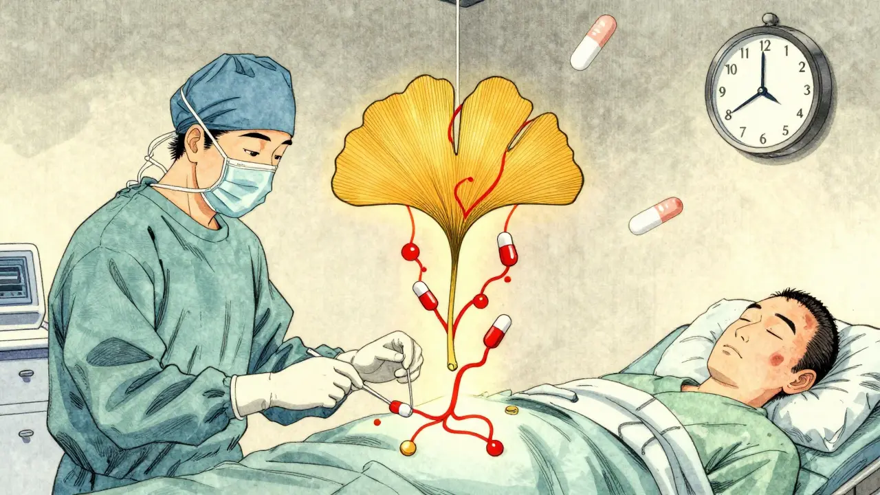 Surgeon at operating table with glowing ginkgo leaf intertwined with blood thinners, clock showing two weeks.