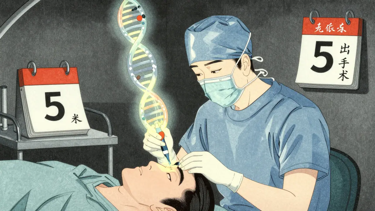 Surgeon preparing for surgery with genetic helix and platelet infusion, depicted in ukiyo-e woodcut aesthetic.