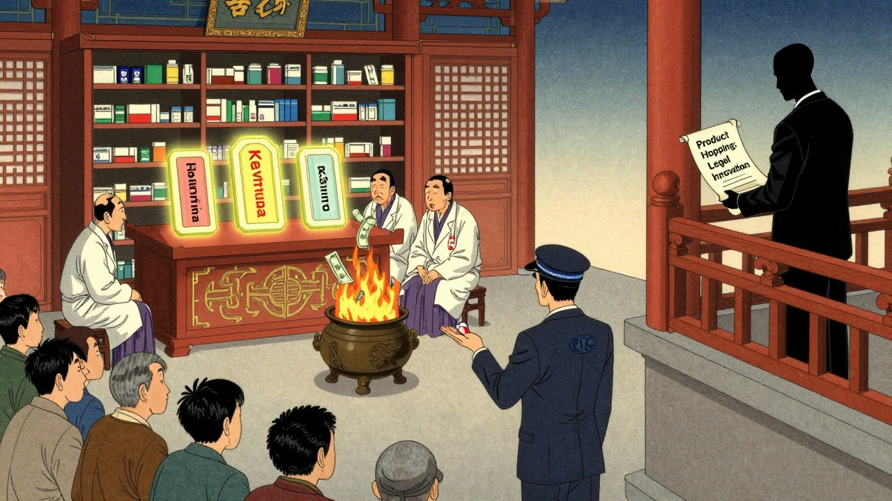 Three expensive drugs on temple altar, FTC agent offers generic pill to patients as CEO watches from balcony.