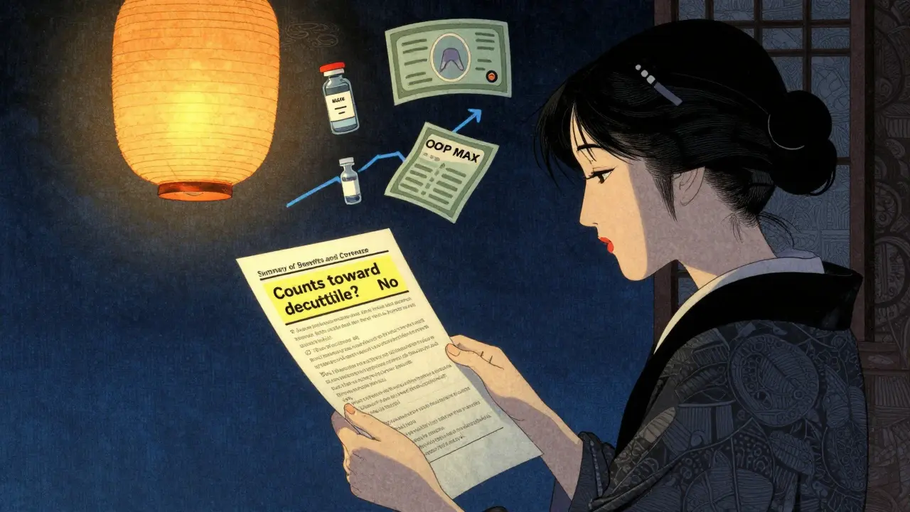 Woman reading insurance document with floating icons of meds and bills, text highlights copays don't count toward deductible.