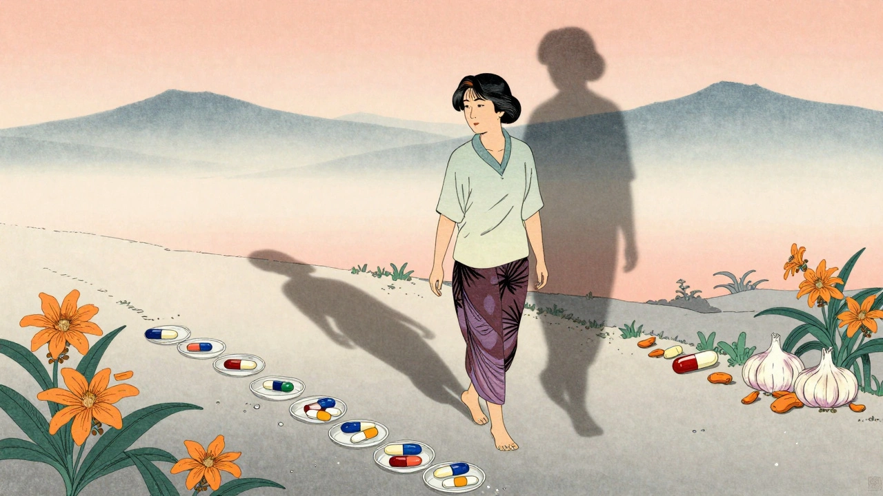 Woman walking peacefully on path lined with cholesterol-lowering alternatives.