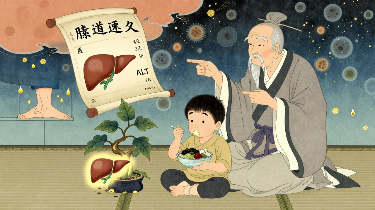 A child eating vegetables as their liver grows like a bonsai tree, with health symbols above.