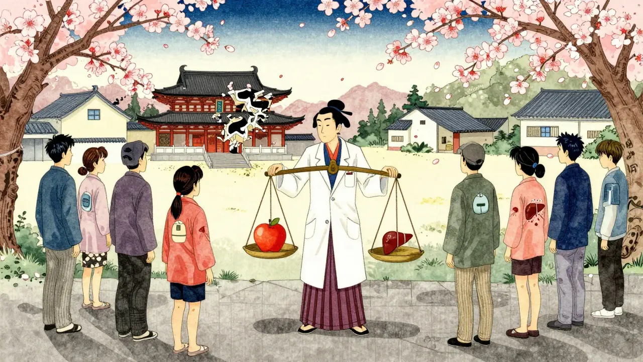A doctor balancing an apple against a crumbling temple, with patients marked by hidden diseases in traditional Japanese aesthetic.
