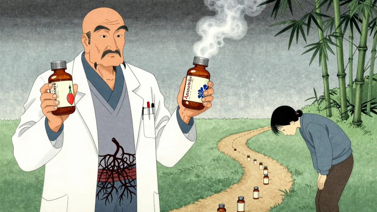 A doctor comparing acarbose and miglitol bottles with traditional Japanese symbols representing gut impact.