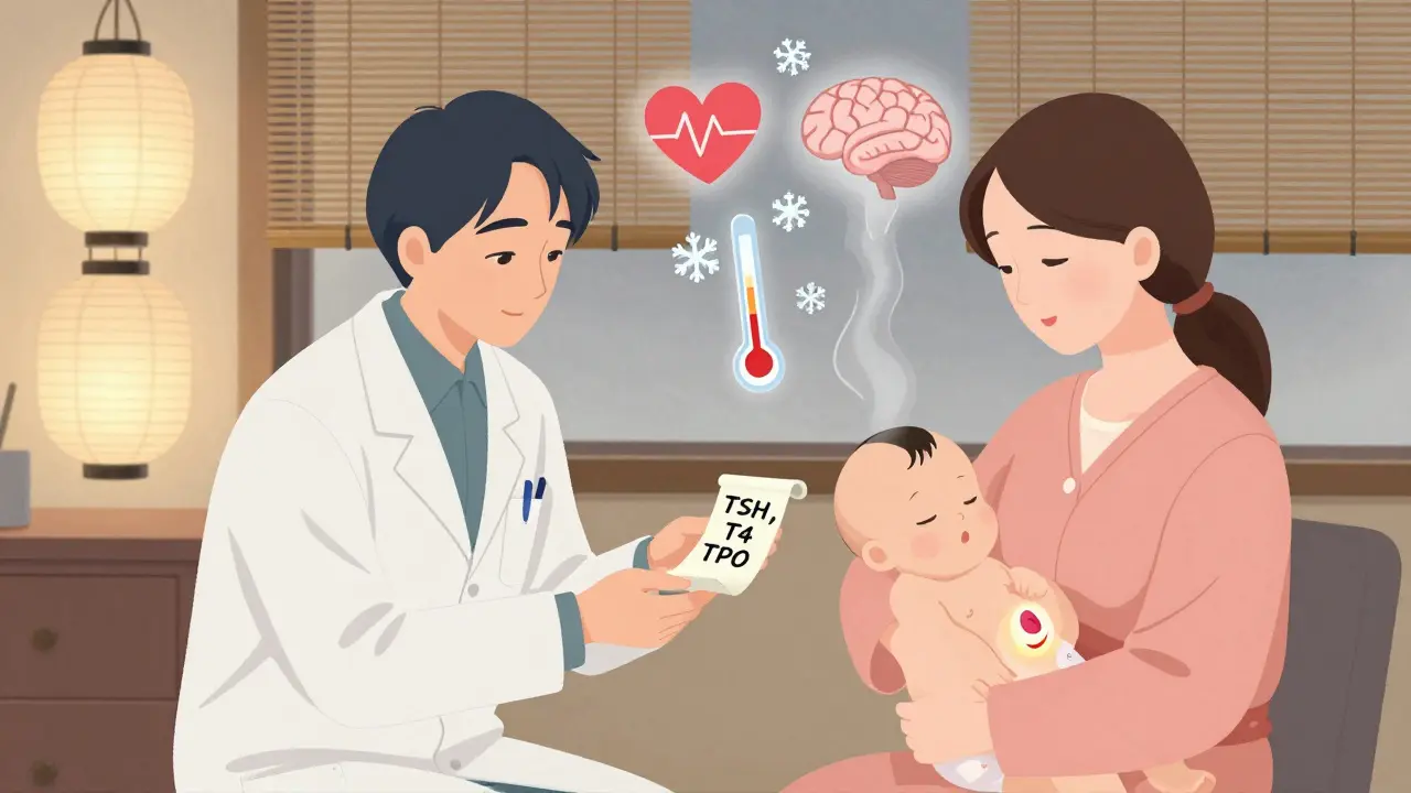 A doctor gives a thyroid test scroll to a mother holding her baby, surrounded by symbolic health icons in a peaceful home setting.