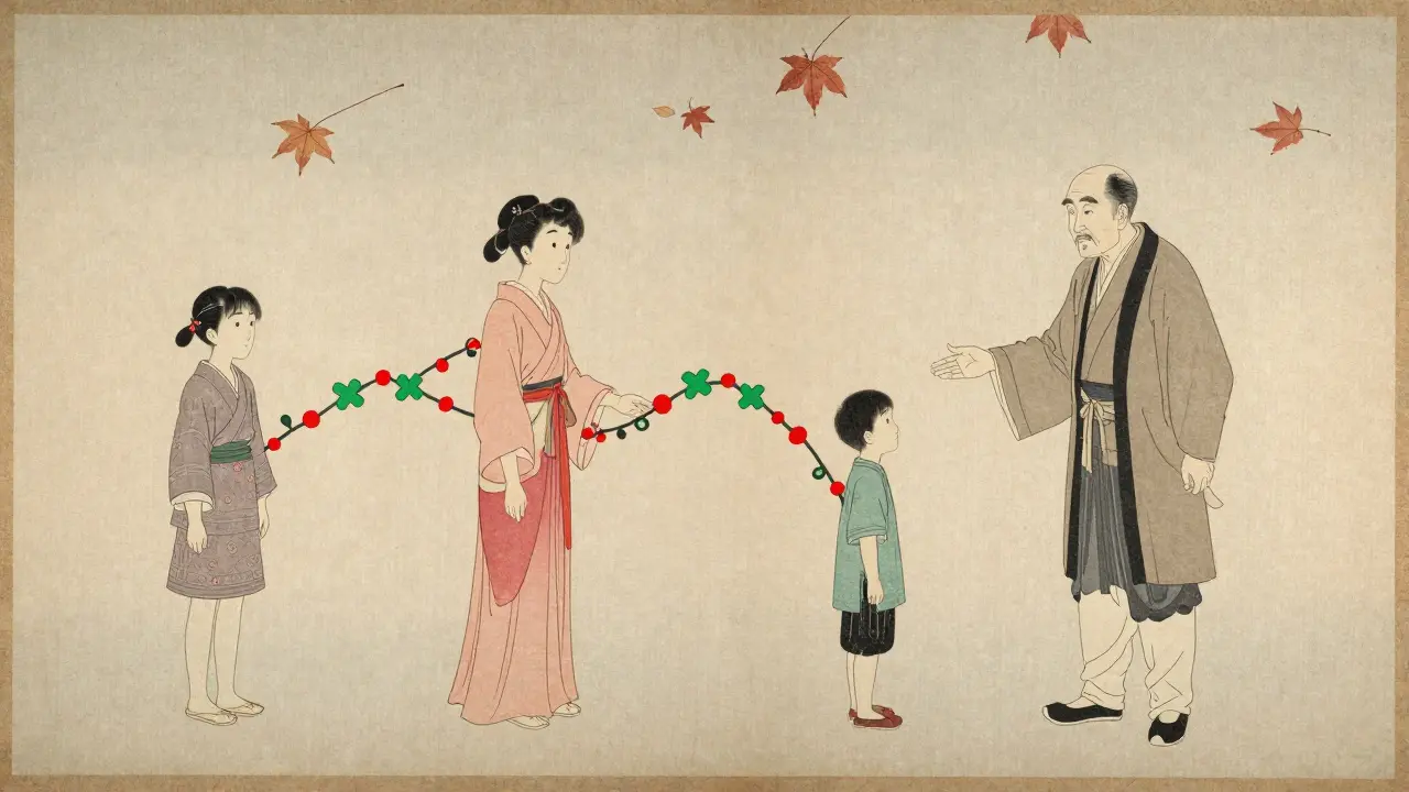 A family tree illustrated with red and green genes passed through generations on an X chromosome scroll.