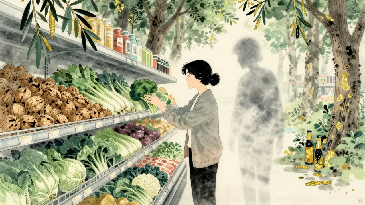 A grocery aisle turned into a forest of healthy foods, with processed items fading away, rendered in soft ink and gold leaf.