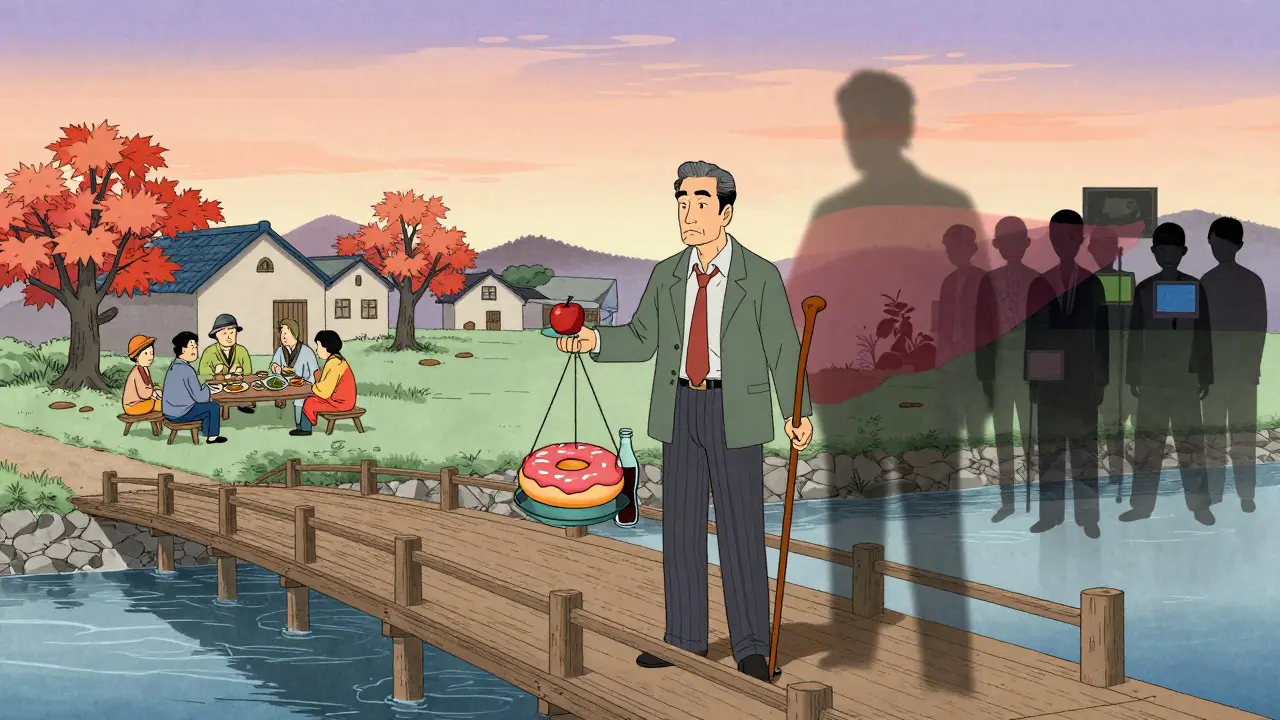 A man on a bridge balancing healthy and unhealthy choices, with his liver shadow turning dark.