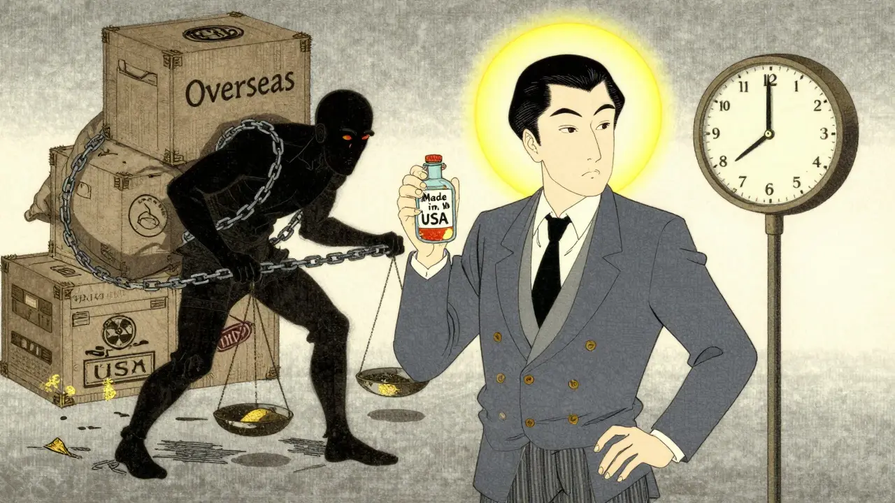 A merchant holds a glowing 'Made in USA' vial while a shadowy figure struggles under shipping chains and customs stamps, rendered in ink wash and gold leaf.
