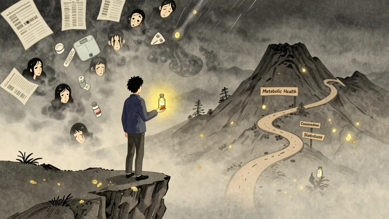 A person holding a glowing medication vial at a cliff's edge, leaving behind dieting failures toward a path of metabolic health.