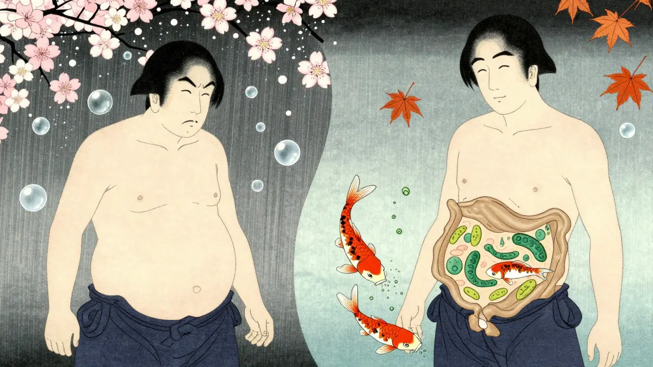 A person transitioning from bloating to calm, with gas as cherry blossoms and probiotics as falling leaves.