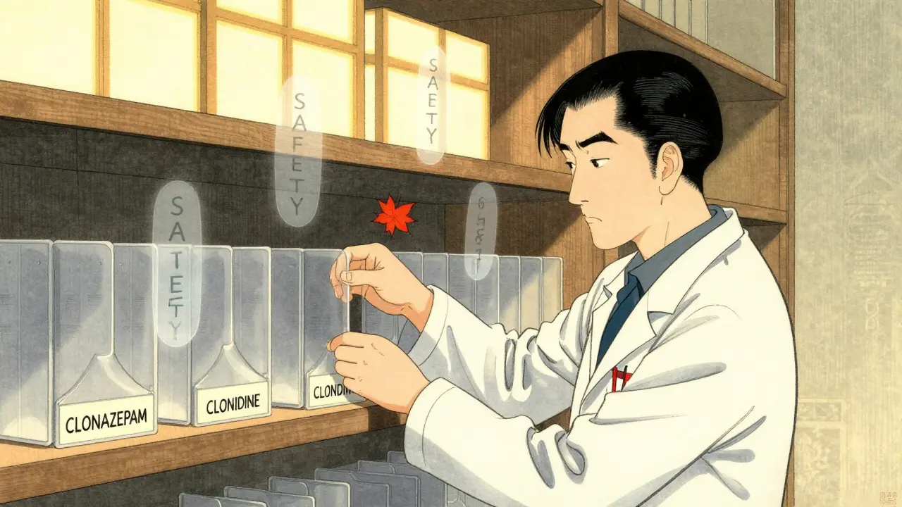 A pharmacist separating similar drugs with dividers, cherry blossoms and warning symbols floating nearby.
