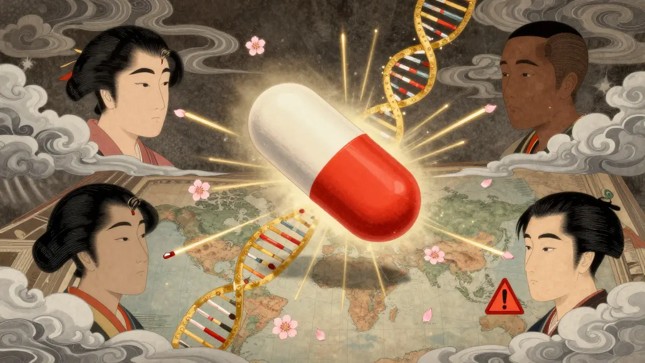 A warfarin tablet radiates DNA strands like cherry blossoms, connecting to faces from Europe, Africa, and East Asia with different dosages.