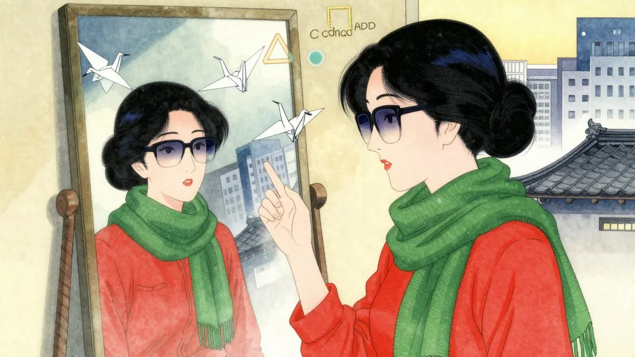 A woman seeing color assistance tools floating around her as she wears a mismatched outfit.