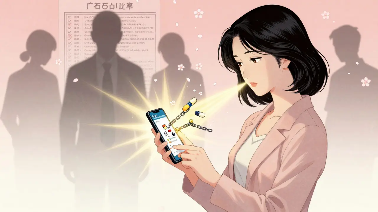 A woman using a phone app that breaks dangerous drug chains, with cherry blossoms and fading patients in background.