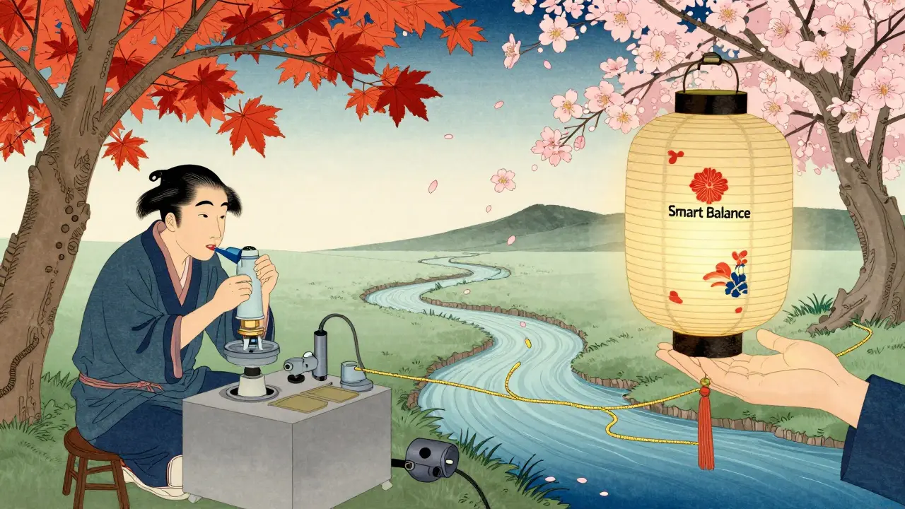 An artisan crafts a valve in Ohio while a paper lantern holds packaging in Vietnam, connected by a golden river, with cherry blossoms drifting between.