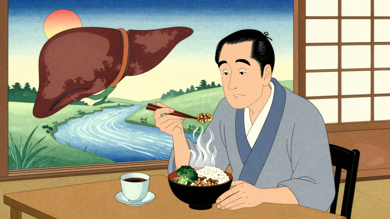 An older man eating a liver-healthy meal with coffee, surrounded by imagery of liver healing in traditional Japanese screen style.