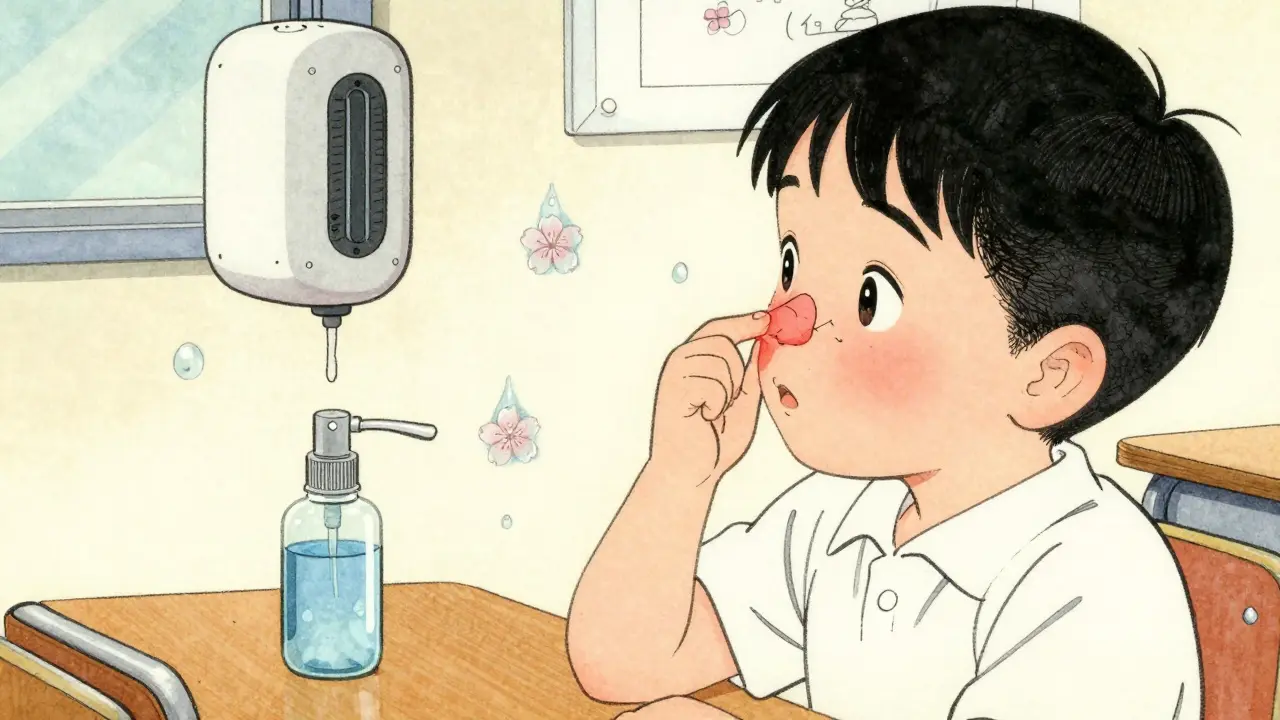 Child rubbing nose in classroom, floating nosebleed droplets shaped like cherry blossoms.