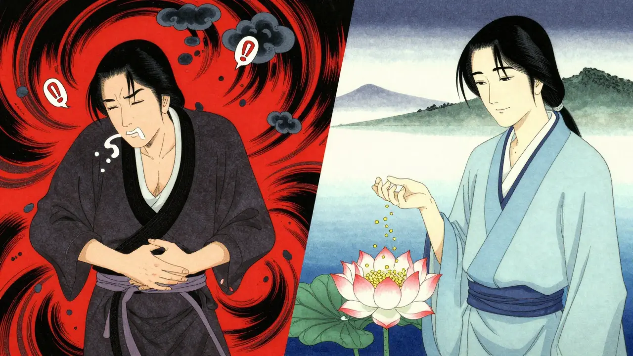 Contrast between chaotic stomach distress from immediate-release metformin and peaceful slow-release benefits.