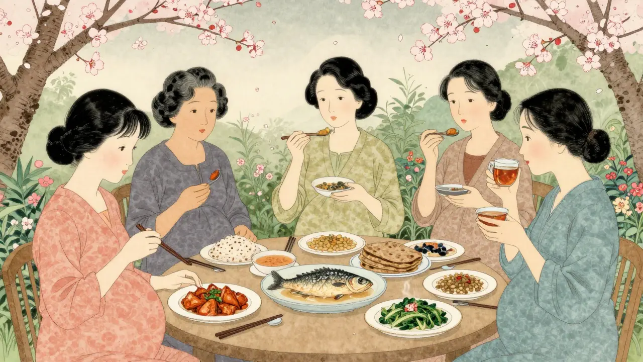 Diverse pregnant women sharing culturally adapted meals in a garden, each plate following the gestational diabetes plate method.