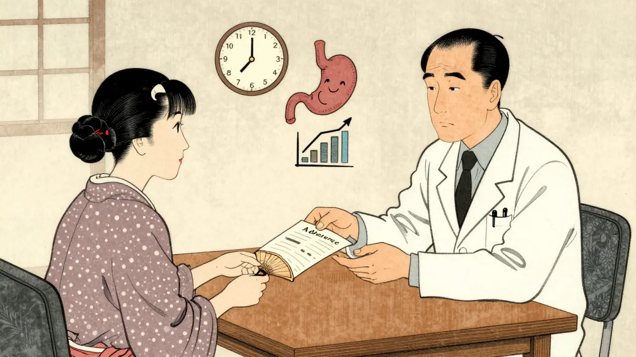 Doctor and patient discussing metformin options with symbolic icons of time, comfort, and adherence.