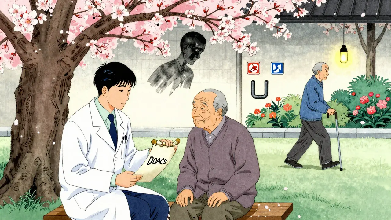 Doctor and senior under a cherry tree, split scene showing stroke vs. active life with safety symbols.