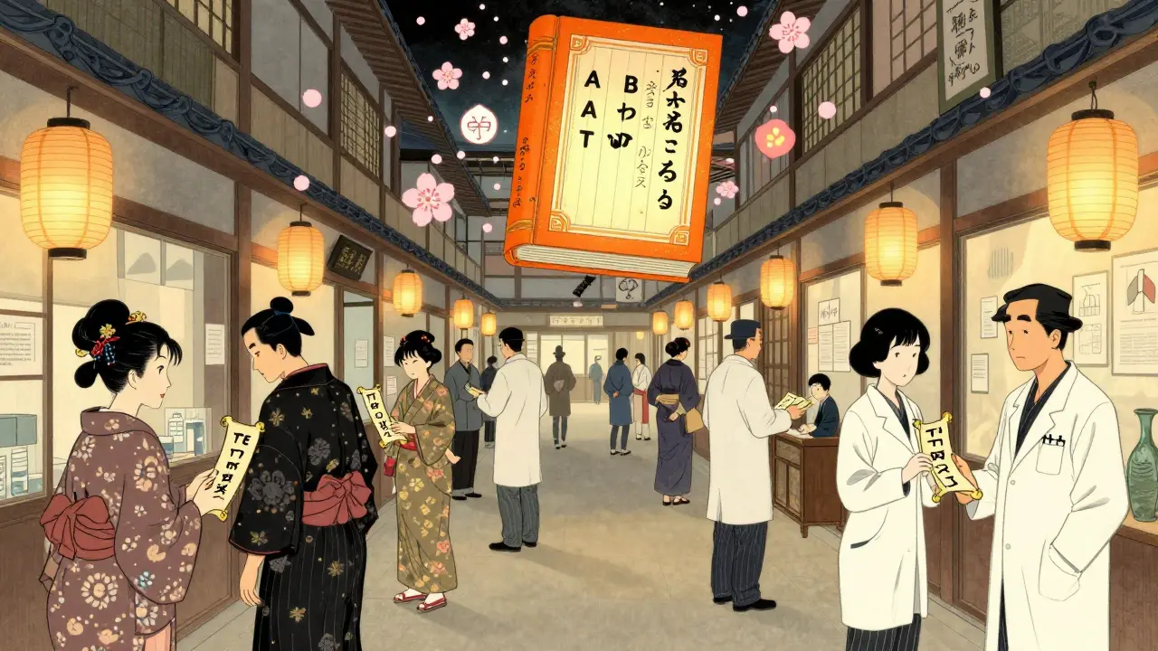Edo-period marketplace with pharmacists exchanging scrolls bearing TE codes, giant Orange Book floating above, cherry blossoms and kanji symbols in air.