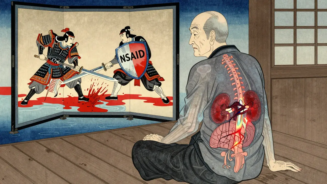 Elderly man with translucent body revealing damaged kidneys and glowing nerves, surrounded by symbolic warriors in traditional Japanese screen style.