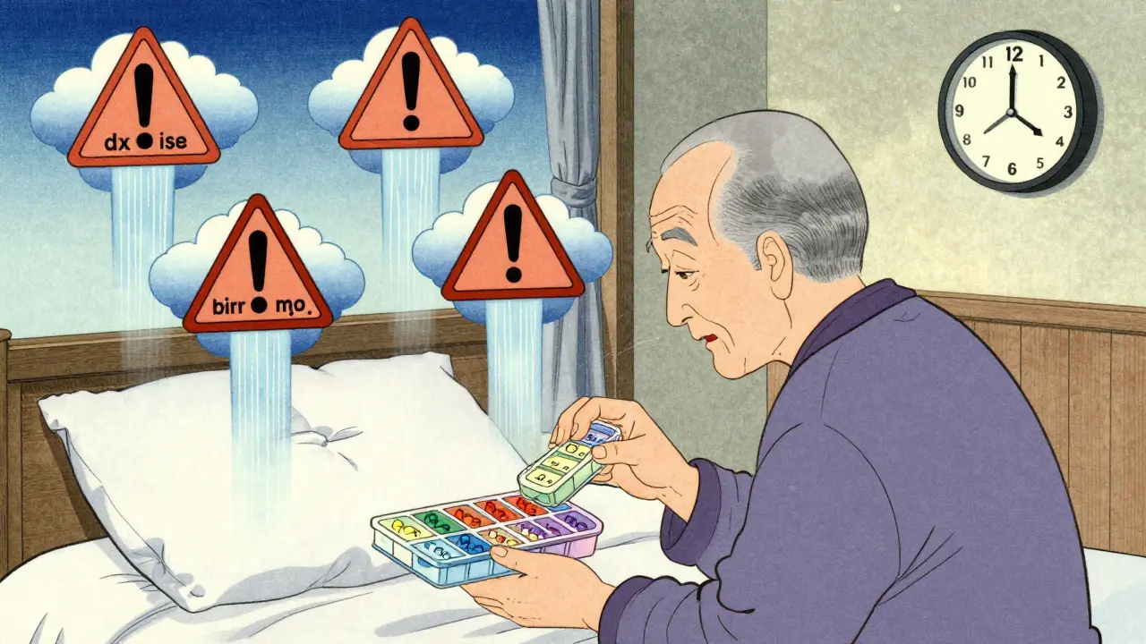 Elderly person using a labeled pill organizer at dawn with dissolving warning symbols in Ukiyo-e style.