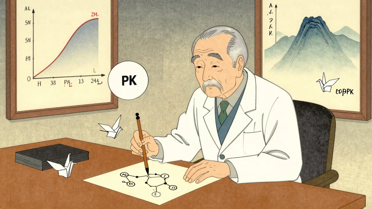 Elderly pharmacologist drawing PopPK models on rice paper, with cranes representing patient factors and abstract graphs in background.