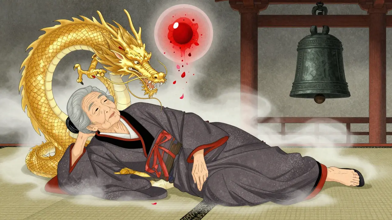 Elderly woman after a fall, clot dissolving into petals, golden dragon protecting her head.