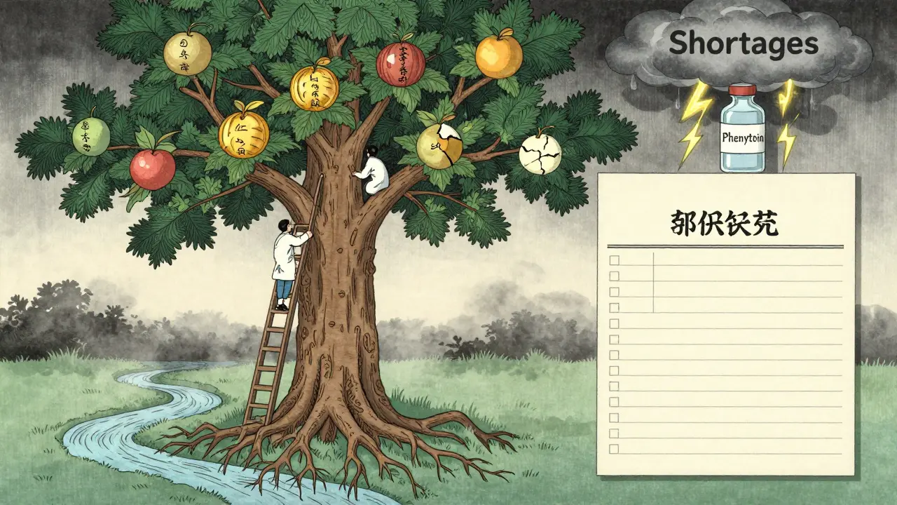 Formulary tree with drug-fruit, pharmacists harvesting, river of rebates below, storm cloud over critical drug vial.