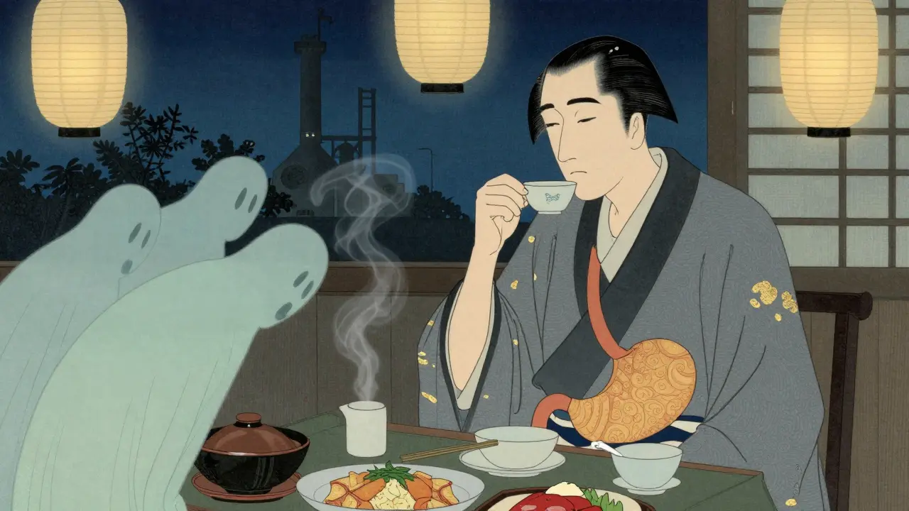 Man taking Pepcid before dinner, stomach depicted as a quiet lantern-lit factory.