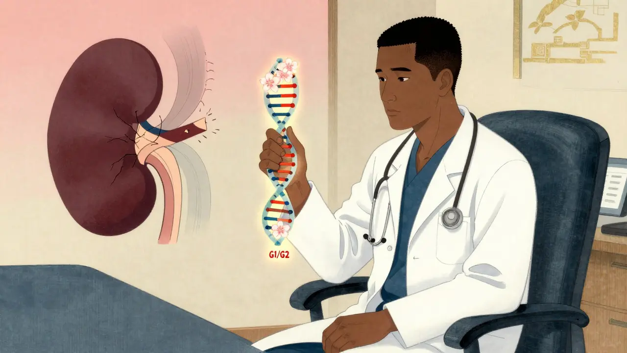 Modern patient holding a glowing DNA strand with APOL1 variants, shadowed kidney showing damage, soft brushstroke style.