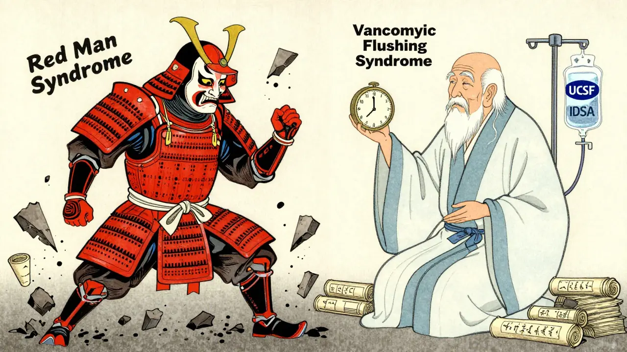 Outdated 'Red Man Syndrome' figure dissolving as 'Vancomycin Flushing Syndrome' healer emerges.