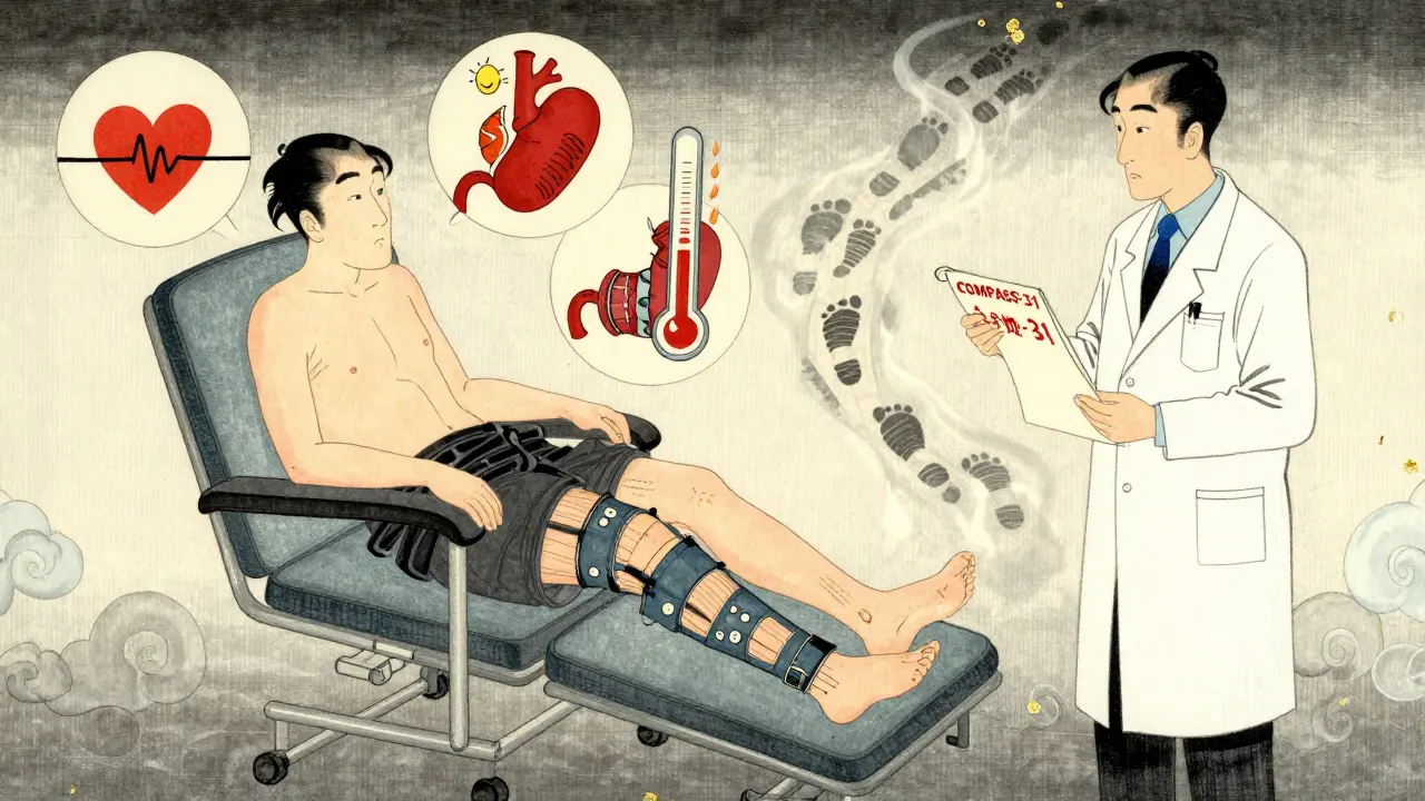 Patient with compression stockings surrounded by symbolic heart, stomach, and doctor scroll, in ukiyo-e aesthetic.